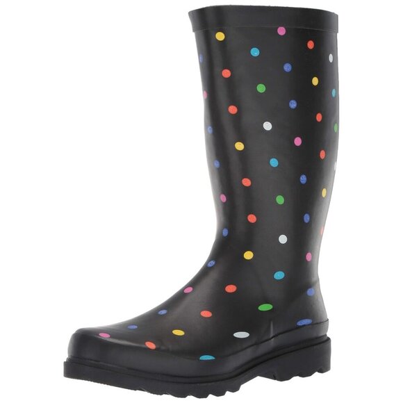 Sugar Womens Size 6M Raffle Tall Rubber Rain Boots in Black Fiesta Polka Dot $65 - Picture 1 of 9